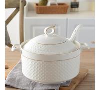 NNYCC White Soup Tureen with Gold Design,Double Handle Soup Serving Bowl with Lid and Spoon Bone China Tableware,2.2L