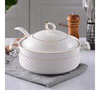 NNYCC White Soup Tureen with Gold Design,Double Handle Soup Serving Bowl with Lid and Spoon Bone China Tableware,1.5L