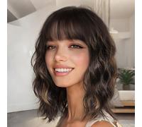Nnzes Wig with Bangs for Women Shoulder Length Bob Wavy Women's Charming Synthetic Brown mixed Blonde Highlight Wigs with Natural Curly Heat Resistant Hair for Daily Party Use