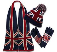 No.1 Gifts [UK SELLER] Unisex Union Jack Bobble Beanie Hat & Full Fingered Gloves & Winter Scarf Sets (Scarf & Hat & Gloves)