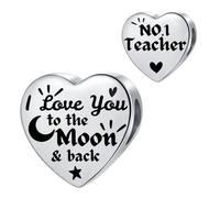 No.1 Teacher Silver Heart Charm fit Pandora Charms Bracelets I Love You to the Moon and Back Birthday Bead Gift for Women Stainless Steel