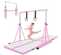 NO. 32 Heavy-Duty Gymnastics Bar 105-155cm Height Adjustable Horizontal Bar with 10'x3.3'x4 Inflatable Gymnastics Tumbling Mat Air Tumble Track Training Mat Use for Home/Outdoor/Gym/Garden