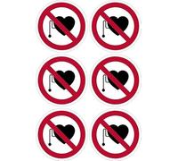 No access for people with active implanted cardiac devices sign, 100mm circle - Pack of 6 stickers on A4 sheet