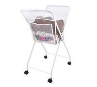 No Bend Laundry Basket on Wheels - Lightweight Foldable Washing Trolley - Space Saving for Easy Storage - Holds up to 14KG - Lockable Wheels - White