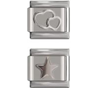 No Brand Name Bundle Charms 2pcs Charm Links| 1 Silver Double Heart 1 Silver Star - fits all classic 9mm Italian Style Bracelet - UK stock