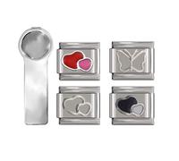 No Brand Name Starter Kit 16| 1 Silver Charm Tool| 4 Double Hearts| | fits all classic 9mm Italian Style Charm Bracelet - UK stock