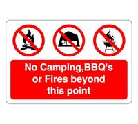 No camping, BBQ's or fires beyond this point : safety signage - High tack self-adhesive sticker (150mm x 100mm) Viewing Distance within 3m.
