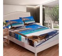 ((No Comforter)) Beach Fitted Sheet & Pillow Sham Set,Blue Ocean Sea Hawaiian Islands Sky Cloud 3 Piece Bedding Decor Set for Kids Boys Girls Teens Adult,Decorative 3