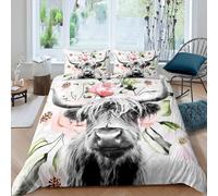 ((No Comforter)) Highland Cattle Comforter Cover Double Size Cute Cow Flower Duvet Cover Bull Cattle Bedding Set For Kids Boys Teens Western Cowboy Bedspread Cover Bed