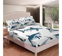 ((No Comforter)) Homewish Shark Fitted Sheet & Pillow Sham Set,Cartoon Shark 3 Piece Bedding Decor Set for Kids Boys Underwater World Oasis Fitted Bed Sheets,Sea