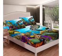 ((No Comforter)) Kids Sea Turtle Bedding Decor Set Deep Pocket,Tortoise Blue Ocean Fitted Sheet & Pillow Sham Set for Children Boys Girls Underwater Word Oasis Double