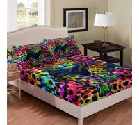 ((No Comforter)) Tbrand Cheetah Fitted Sheet & Pillow Sham Set Double Size,Colorful Leopard Printed for Kids Boys Girls Teens,Africa Leopard Pattern Decorative for