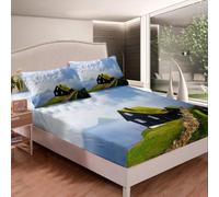 ((No Comforter)) Tbrand Mountain Bedding Decor Set,Rustic House Bedding Sets Double Size for Kids Adult,Blue Sky White Cloud Fitted Bed Sheets Natural Country Fitted