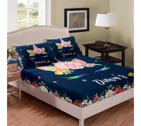 ((No Comforter)) Tbrand Unicorn Fitted Bed Sheets Pink Flower Floral for Kids Teens,Golden Ears Eyelash 3 Piece Bedding Decor Set Cartoon Bedspread Modern Decor (Set