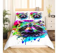 ((No Comforter)) Tie Dyed Raccoon Comforter Cover Double Size Splash Graffiti Bedding Set Kids Teens Rainbow Colored Animal Duvet Cover Cute Raccoon On White Backgroun