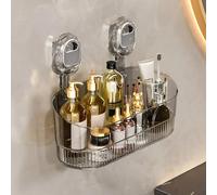 No Drill Bathroom Storage, Suction Cup Storage Rack with Drain Hole Box, Large Capacity & Strong Load-Bearing, Removable Cup Wall Mount Organizer with Shelf Rack, Clear Bathroom Shower Basket(Grey)
