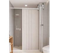 No-Drill Folding Shower Curtain with Double Suction Cups, Adjustable Wall-Mounted Rod, Waterproof Bathroom Partition for Dry and Wet Separation(Beige,120-150cm)