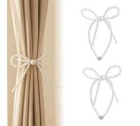 No Drill Magnetic Curtain Tiebacks, 2 Pcs Elegant Pearl Bow Ties for Curtains, Quick Close Strong Magnet Drapery Holdbacks, Modern Window Decorative Accessories for Home Office, 45cm Long