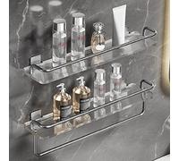 No Drill Shower Shelf - Gray Acrylic Wall Organizer for Bathroom Essentials, Shampoo & Cosmetics Holder, 2-Tier Storage Rack with Towel Bar, Kitchen Spice Shelf