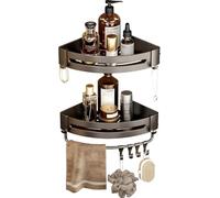 No Drill Shower Shelf Organiser, 2PCS Corner Shower Caddy, Wall Mounted Storage Basket Rack Tidy Organizer with Towel Bar and Hooks for Bathroom, WC, Kitchen Space Saving Storage