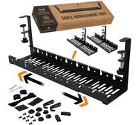 No Drill Under Desk Cable Management Tray - Extendable 16" to 31" Sturdy Steel Desk Cord Hider Raceway - Under Desk Cable Tray Holder with 38 Wire & Cable Rack Organizer Accessories - Black