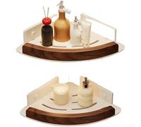 No Drill Wall Mounted Wooden Bathroom Corner Shelf Triangle Basket Solid Wood Waterproof for Black White(White Double-layered)
