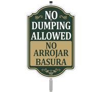 No Dumping Allowed No Arrojar Basura Sign Bilingual English Spanish Private Property Do Not Litter 12" x 8" with 35" Long Metal Stake No Littering with Stand Aluminum Outdoor Use Yard Business Home