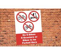 No E-Bikes E-Scooters Or Bikes To Be Parked Here Warning Sign Adhesive Sticker 160mm x 125mm*
