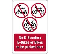 No E-Scooters, E-Bikes or Bikes to be parked here Safety sign - 3mm Aluminium sign (200mm x 150mm)