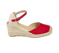 No ES lo mismo - Espadrille - Jute Sandals with Wedge Heel for Women | Platform Shoes 3 Cords Espadrille with Buckle and Closed Toe | Colour: Sand Colour, Green, red, Pink, Navy Blue Red Size: 6 UK