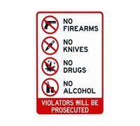No Firearms No Knives No Drugs No Alcohol Violators Will Be Prosecuted Metal Warning Sign for Indoor Outdoor Security, Business Office Home Garden Street Decor 20 x 30 cm