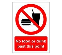 No food or drink past this point prohibition safety sign - Self adhesive vinyl sticker 100mm x 140mm - Warns that an activity is not permitted (1)