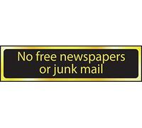 No free newspapers or junk mail POL 200 x 50mm polished gold effect sign.