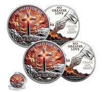 No Greater Love Faith Commemorative Coin, God Christian Challenge Coin, Double Sided Jesus Sacrifice Redemption Cross Motivational Token, Religious Gifts (2pcs)