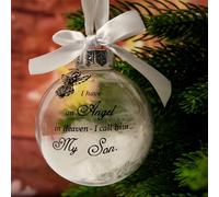 No-Hell Christmas Memorial Bauble, I Have an Angel in Heaven, Clear White Feather Memorial Hanging Ornaments for Christmas Tree Remembrance Decoration (Son)