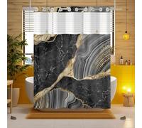 No Hook Abstract Art Shower Curtain with Snap in Liner, Black Marble and Golden Veins Bathroom Decor, Waterproof Fabric with See Through Top Window Open Grommet Bath Curtain, 71x74 Inch