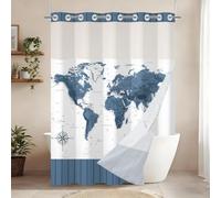 No Hooks Shower Curtain and Liner Set Blue World Map Shower Curtain for Bathroom Decor Countries Cities Bath Curtains Double Layers Machine Washable Waterproof Fabric with Mesh Top Window 71x74 Inch
