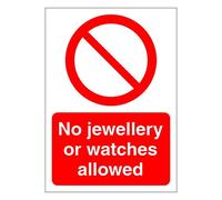 No jewellery or watches allowed prohibition safety sign - Self adhesive vinyl sticker 100mm x 140mm - Warns that an activity is not permitted (1)