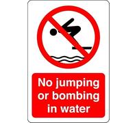 No jumping or bombing in water - no swimming, no diving, deep water, slippery - High tack self-adhesive sticker (300mm x 200mm) Viewing Distance within 7m.