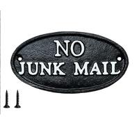 No Junk Mail Sign Cast Iron Plaque Inc Screws 17cm Post Box Letter Box House Entryway Decor Home Business Wall Door Mount Security Alert Visitors Rustic Metal Plaque Easy Instal