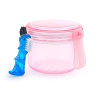 No-Leak Denture Bath Case Mouth Guard Storage Box Case with Travel Brush for Cleaning and Soaking Full Dentures, Retainer and Night Guard - Transparent Pink