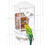 No Mess Bird Feeders Automatic Parrot Feeder Drinker Acrylic Seed Food Container Parakeet Water Dispenser Cage Accessories for Lovebirds Budgies Canary Finch (Translucent White + Perch)