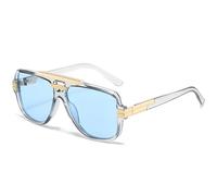 No Name Ltd Bling Double Bridge Beam Rapper Gangster Shades Sunglasses for Men Women Designer Style Trending Chunky Frame Gold Detail Trending Eyewear (Clear Frame, Blue Tint Lens)