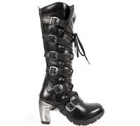 no-New Rock TR004-S1 Ladies Black 100% Leather Buckle Lace Knee High Biker Boots