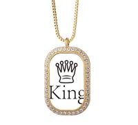 no/no King White Word Chess Game Necklace Pendant Diamond Crystal Golden Jewelry
