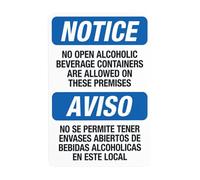 No Open Alcoholic Beverage Containers Are Allowed On These Premises Bilingual Metal Warning Sign for Indoor Outdoor Security, Business Office Home Garden Street Decor 20 x 30 cm