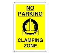 No Parking Clamping Zone - safety sign - High tack self-adhesive sticker (150mm x 100mm) Viewing Distance within 3m.