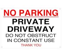 No parking private driveway do not obstruct in constant use thank you - predrilled signs - road safety sign - High tack self-adhesive sticker (300mm x 200mm) Viewing Distance within 7m.