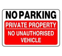 No Parking Private Property No Unauthorised Vehicles - safety sign - High tack self-adhesive sticker (200mm x 150mm) Viewing Distance within 5m.