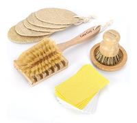 (NO PLASTIC) Washing Up Brushes and Sponges, 2 Wood Brushes + 10 Natural Sponges + 5 Loofahs+ 2 Wood Brush Holders, Plastic Free Kitchen Cleaning Brushes (Zero Waste Kit)